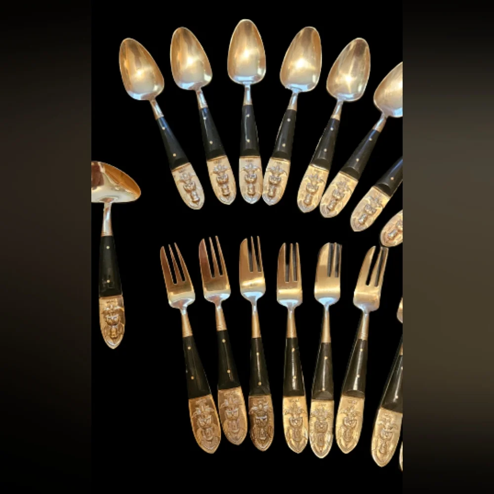 *Vintage SIAM 19 Piece Brass-Bronze Teak Flatware Set